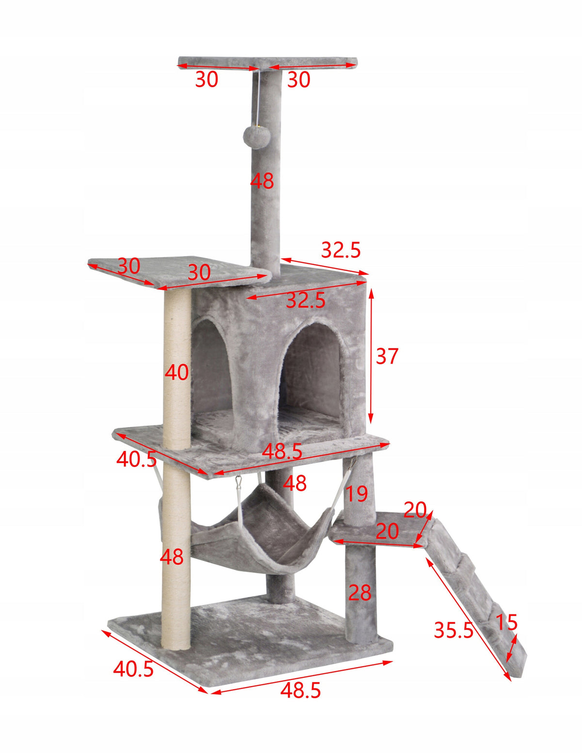 Aga Drapak dla kota 136 cm z domkiem, legowiskami i sizalem – 3 poziomy, szary