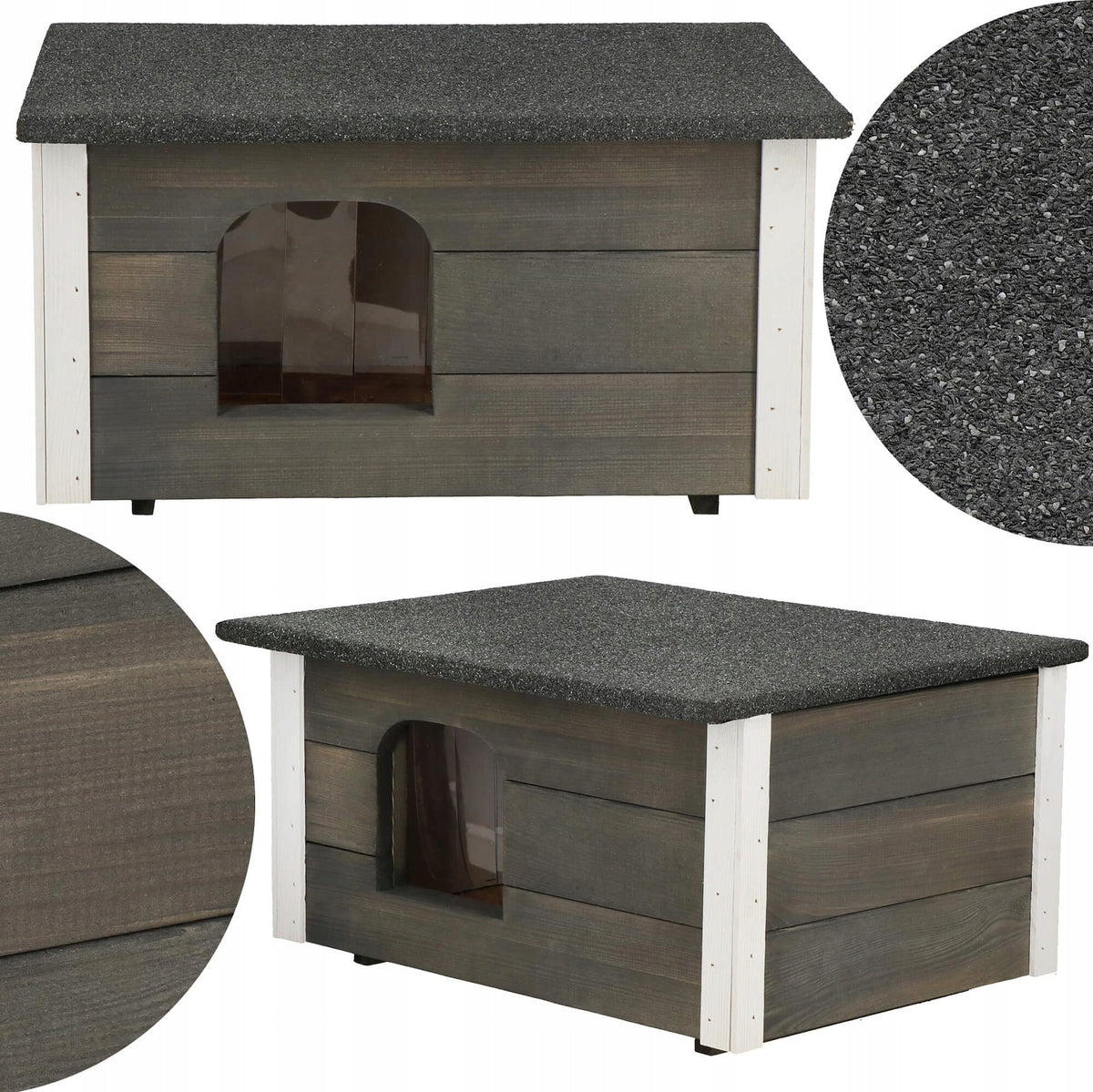 Springos Buda dla psa i kota ocieplana 54 x 39 x 30 cm, drewniana z kurtyną – szara
