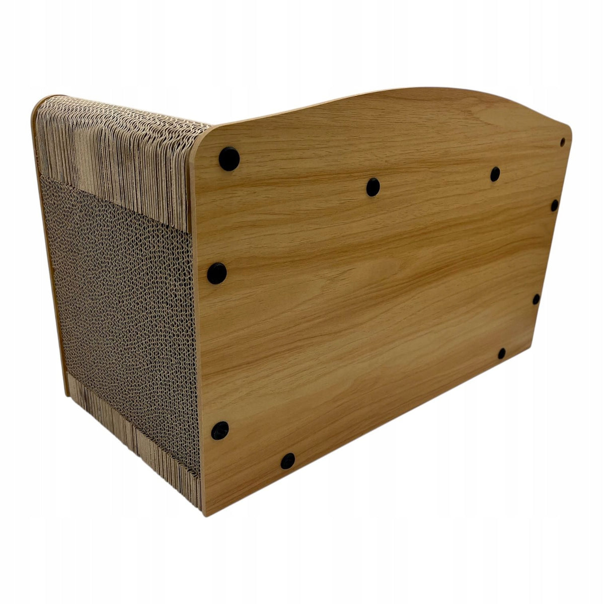 Drapak dla kota domek retro TV z legowiskiem – tektura i MDF, z zabawką, beżowy
