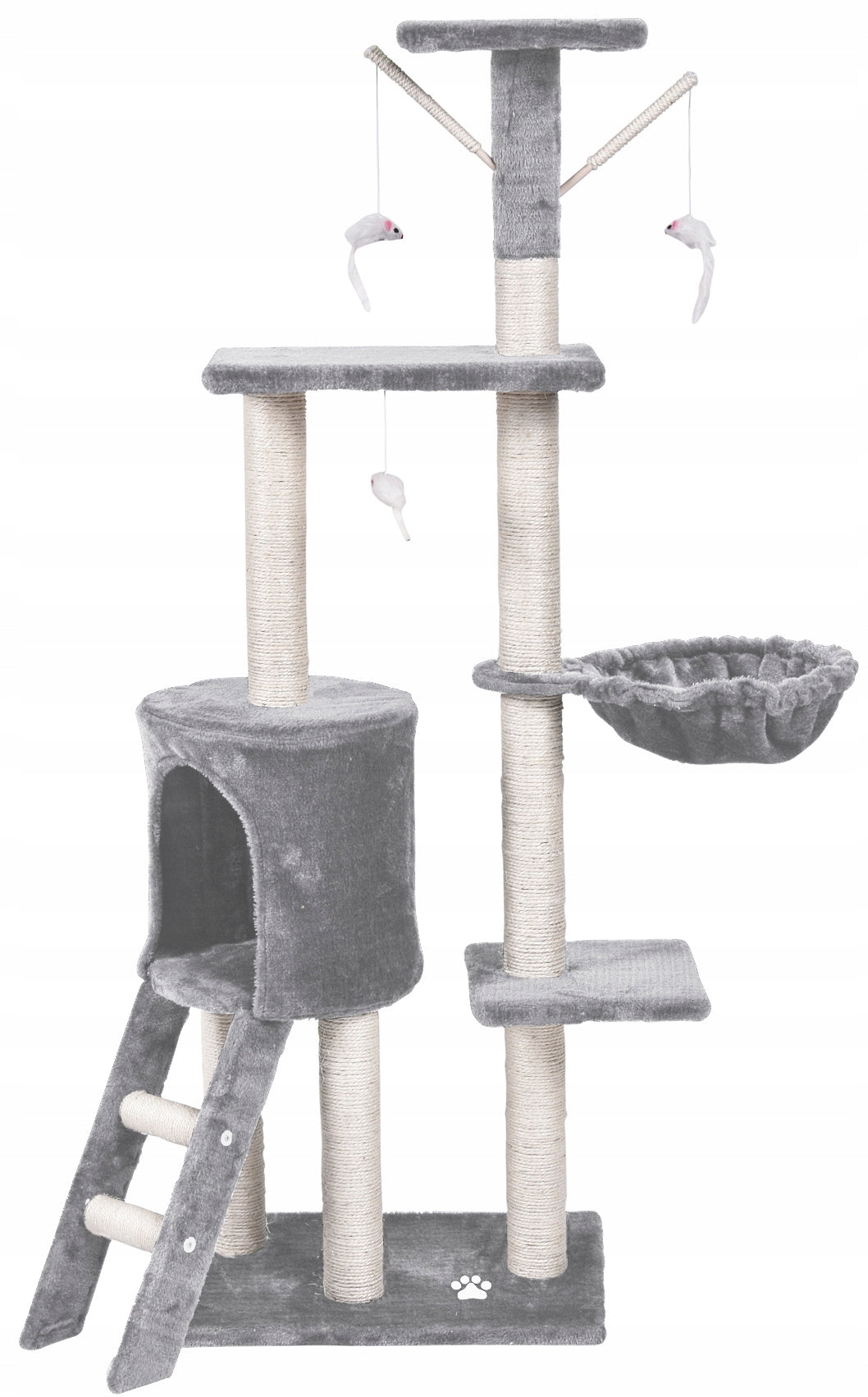 Drapak dla kota 138 cm, 5 poziomów, sizal z budką i legowiskiem – szary