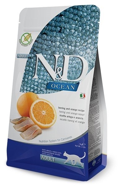 Farmina N&D Ocean sucha karma dla kota 5 kg bezzbożowa, dla dorosłych – śledź z pomarańczą