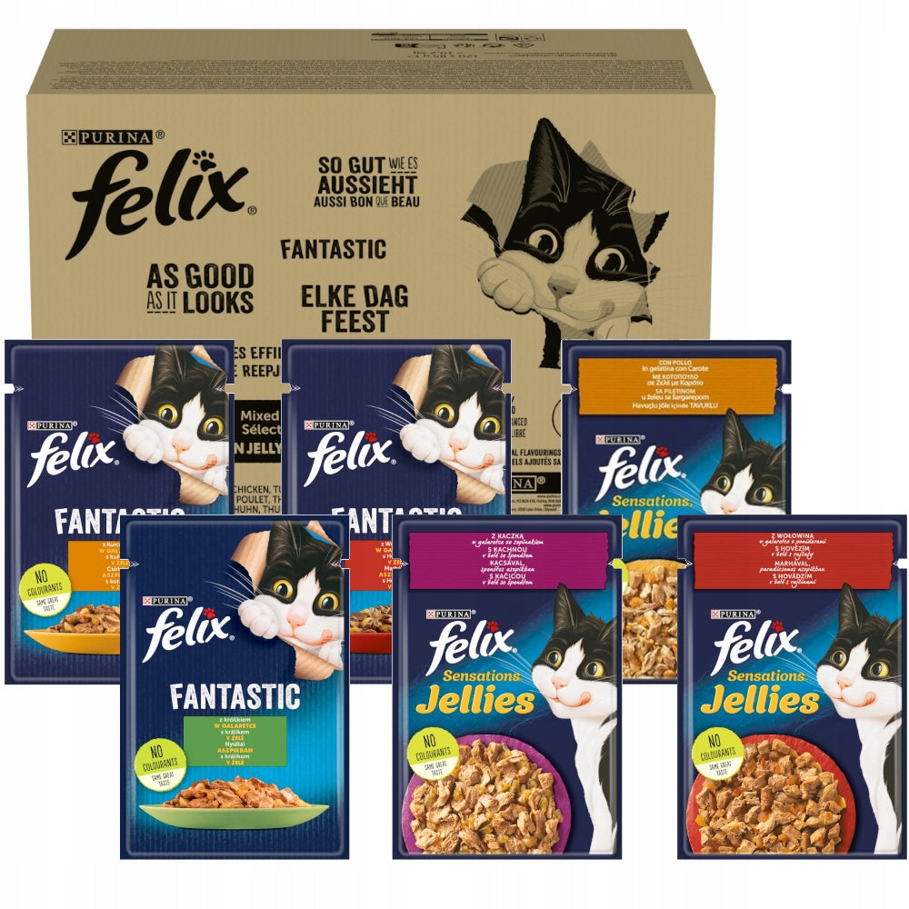 Felix mokra karma dla kota z prebiotykiem 96 x 85 g – saszetki w galaretce, mix smaków
