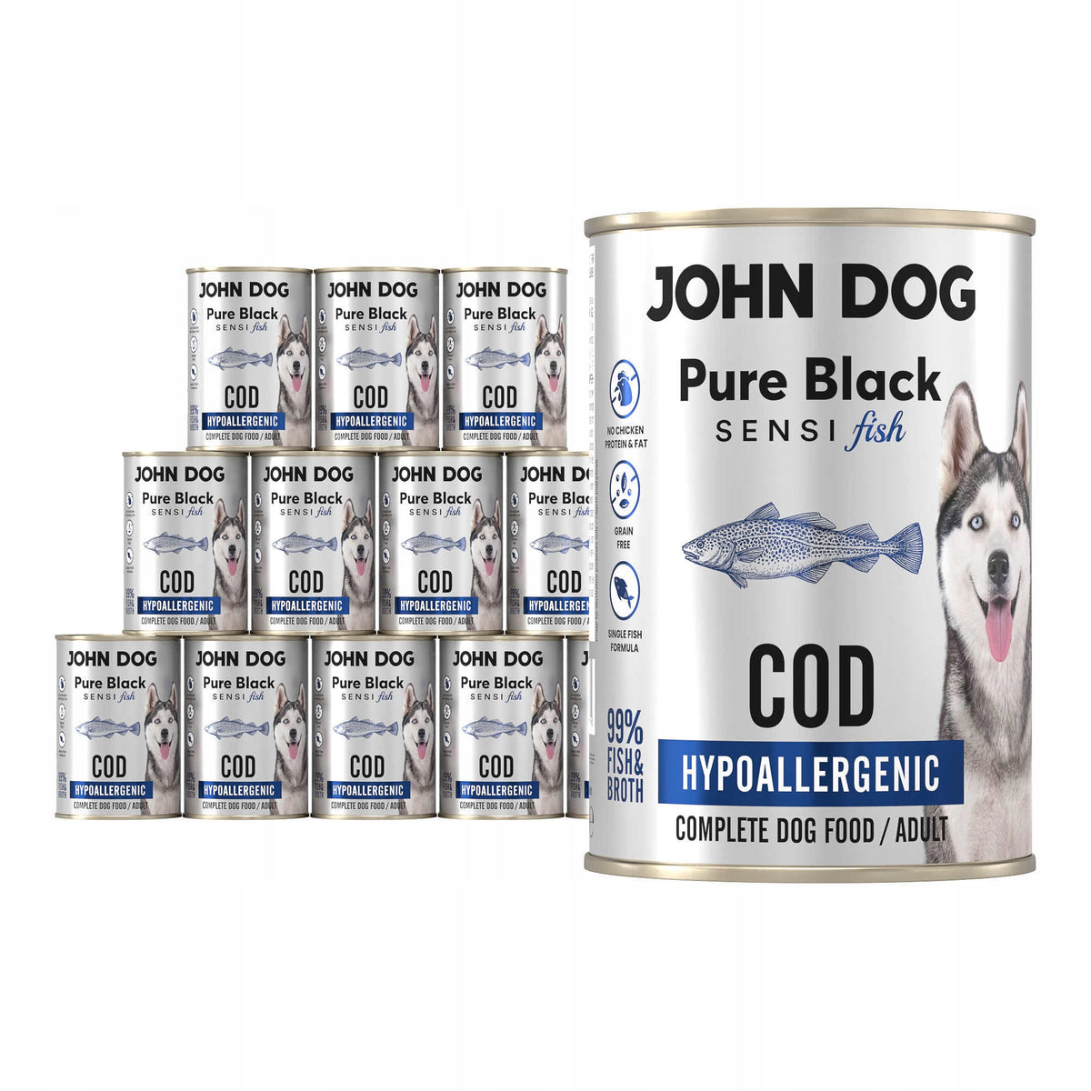 John Dog Pure Black Sensi Fish karma mokra dla psa z dorszem, hipoalergiczna – 12 × 400 g
