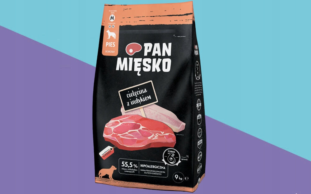 Pan Mięsko sucha karma dla psa 9 kg cielęcina z indykiem – hipoalergiczna, chrupki M