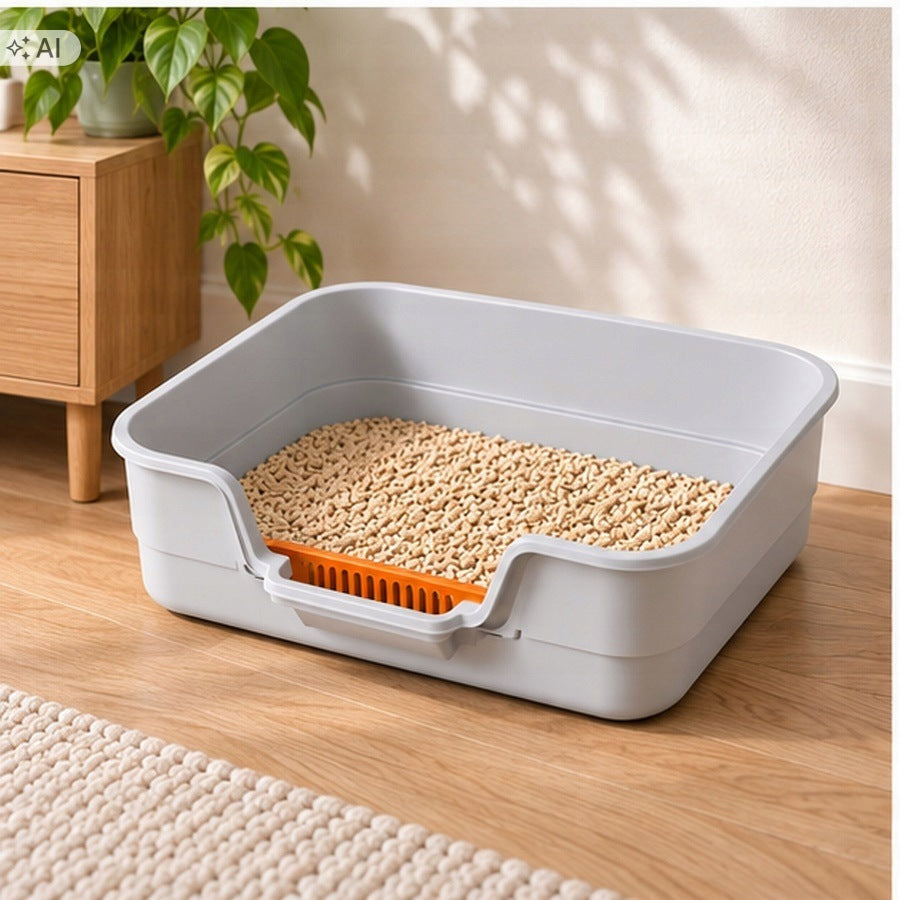 Kuweta dla kota otwarta 42 × 30 × 12 cm z łopatką i niskim wejściem – szara