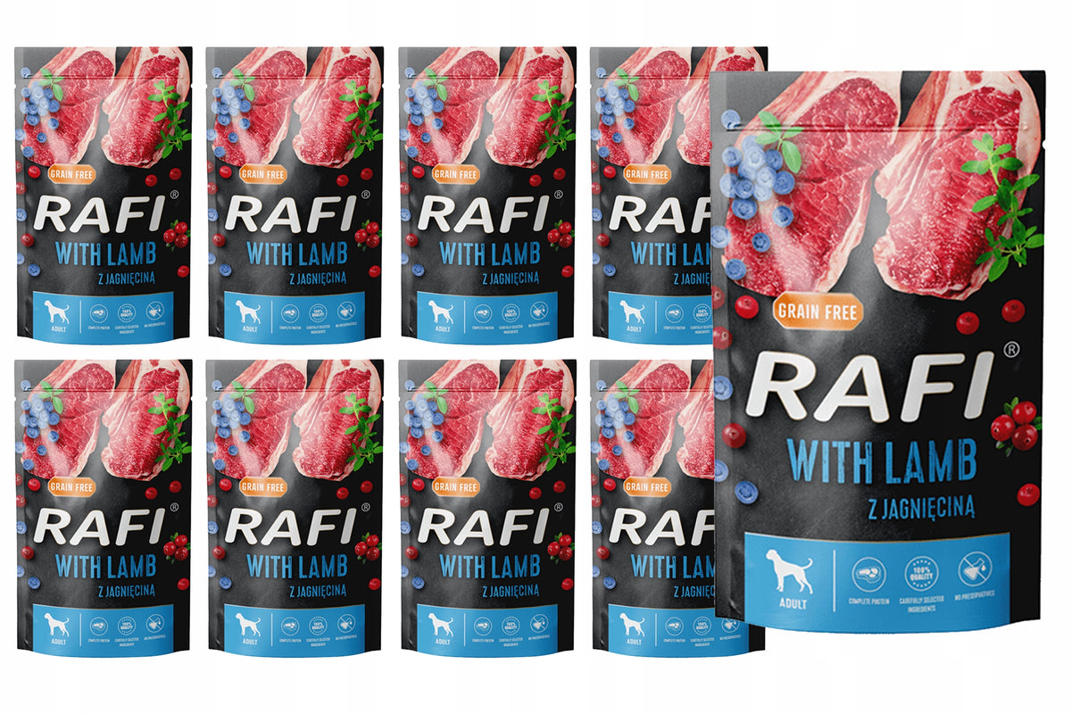 Rafi mokra karma dla psa z jagnięciną bezzbożowa 10 x 500 g – saszetki, zestaw 5 kg