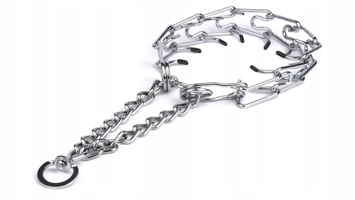 Obroża kolczatka metalowa dla dużego psa z osłonkami, półzacisk, 44–60 cm XL – srebrna