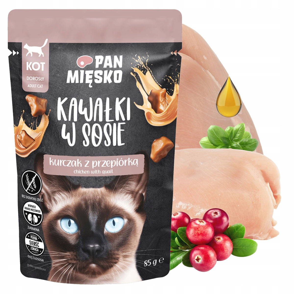 Pan Mięsko mokra karma dla kota bezzbożowa, kawałki w sosie 12 x 85 g – kurczak z przepiórką