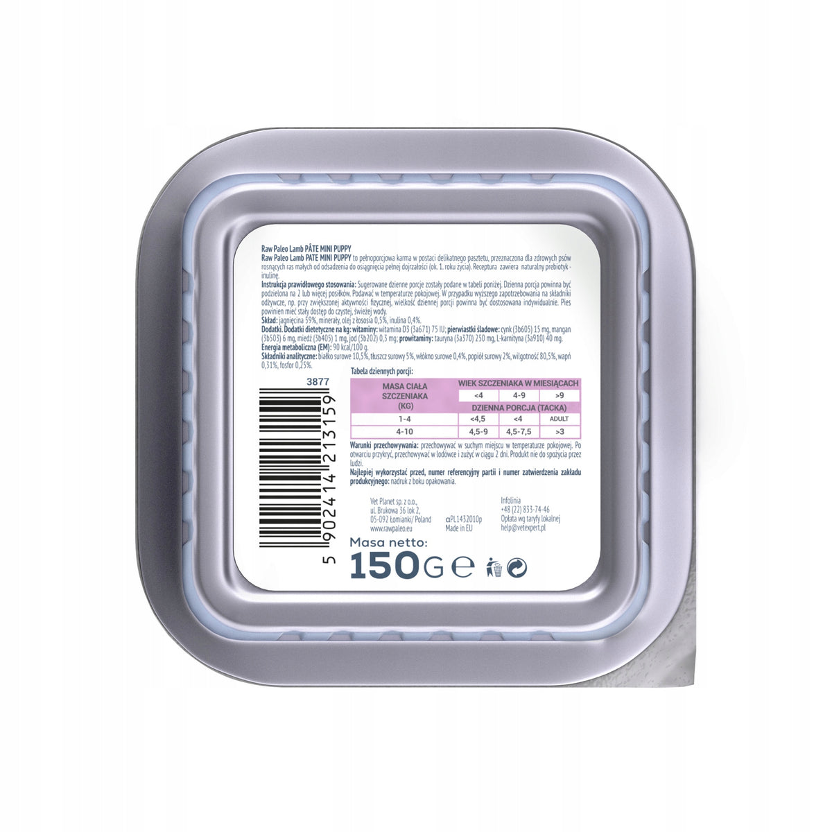Raw Paleo mokra karma dla szczeniąt ras małych 6x150 g – monobiałkowa, bezzbożowa – jagnięcina