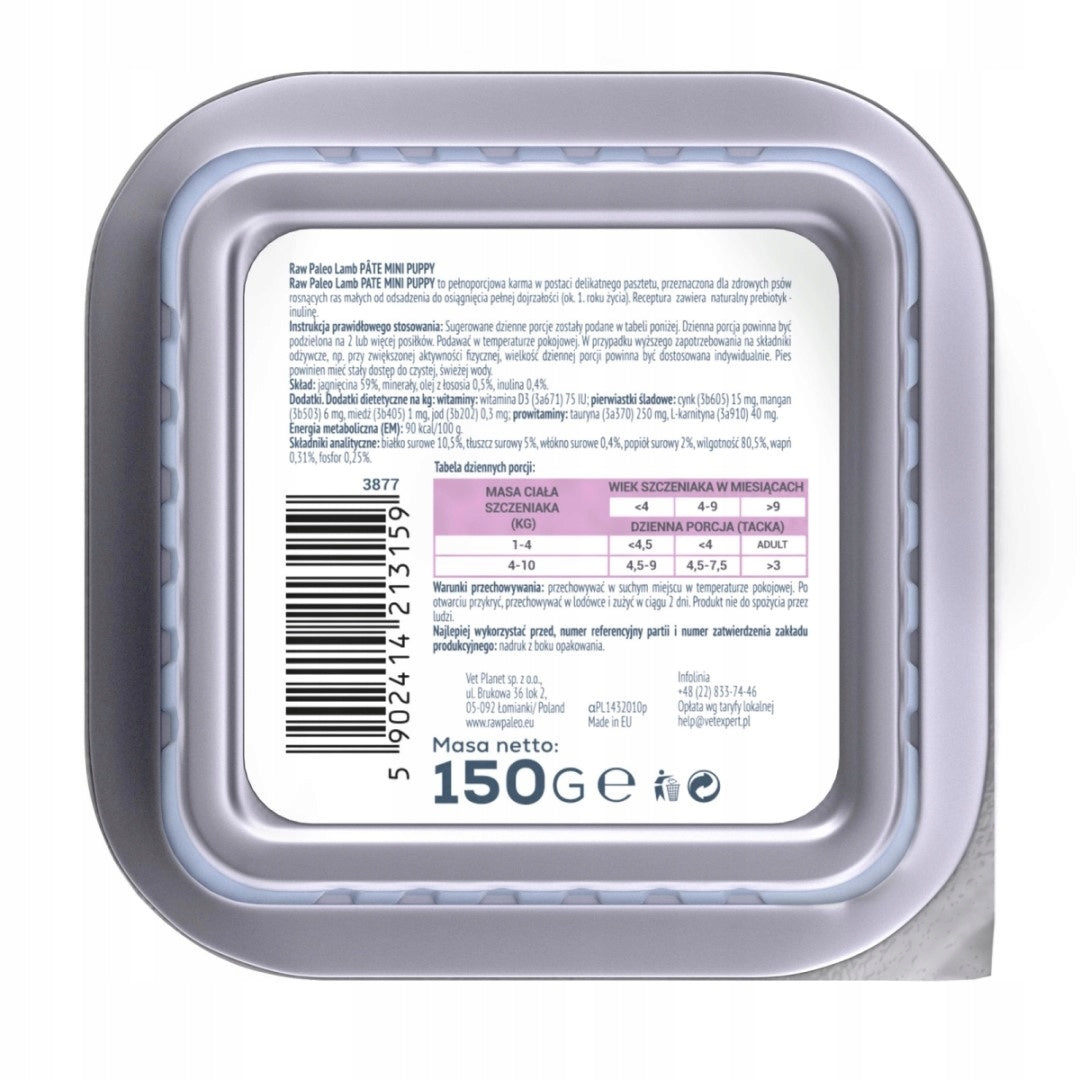 Raw Paleo Mini Puppy karma mokra dla szczeniąt małych ras 12 x 150 g – jagnięcina