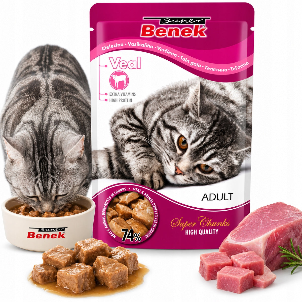 Super Benek mokra karma dla kota 24 x 100 g, saszetki dla dorosłych kotów – mix smaków
