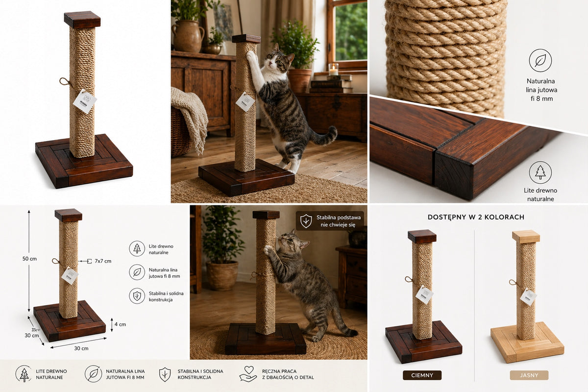 Wooden Manufacture Drapak dla kota słupek 100 cm z drewna sosnowego i juty – brązowy