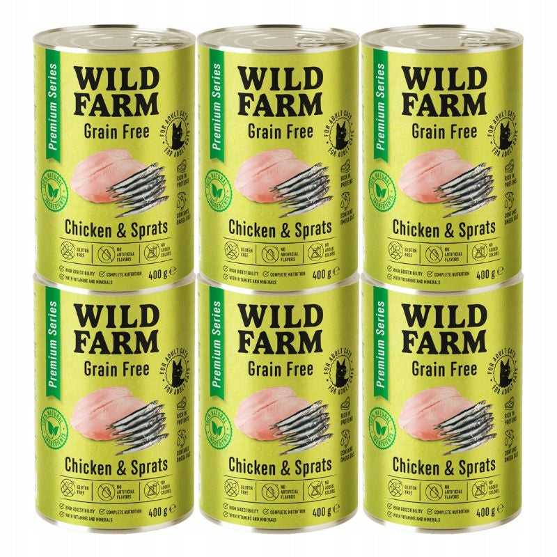 Wild Farm mokra karma dla kota bezzbożowa kurczak i szprot 6 x 400 g – puszki