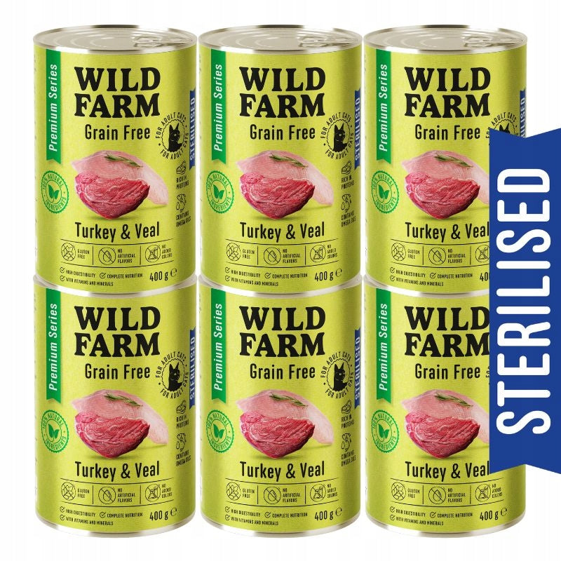 Wild Farm Mokra karma dla kota sterylizowanego bezzbożowa 6x400 g – indyk i cielęcina