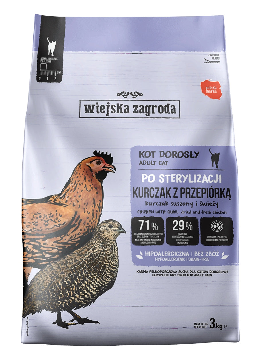 Wiejska Zagroda Karma sucha dla kota sterylizowanego 3 kg bezzbożowa – kurczak z przepiórką