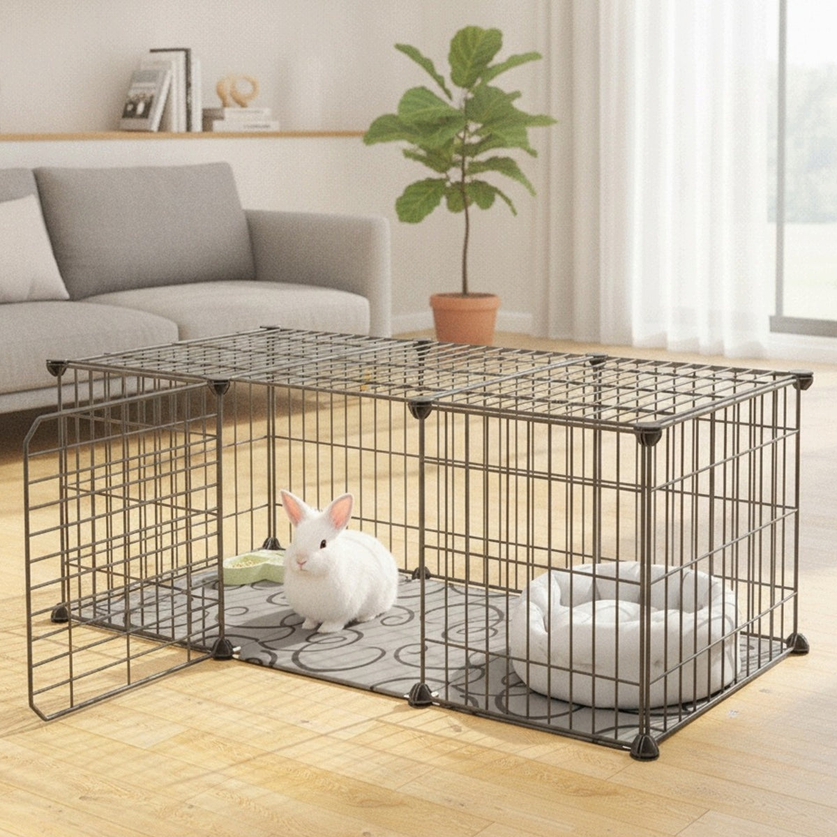 Kojec dla królika i świnki morskiej z matą podłogową 107 × 37 × 37 cm, modułowy – czarny