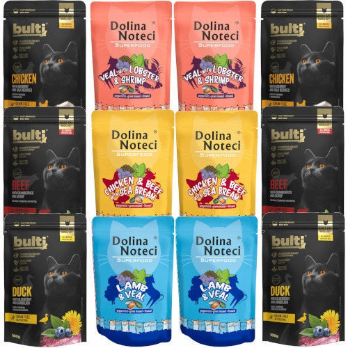Zestaw mokrej karmy dla kota 12 szt. – Dolina Noteci Superfood 85 g i Bulti 100 g