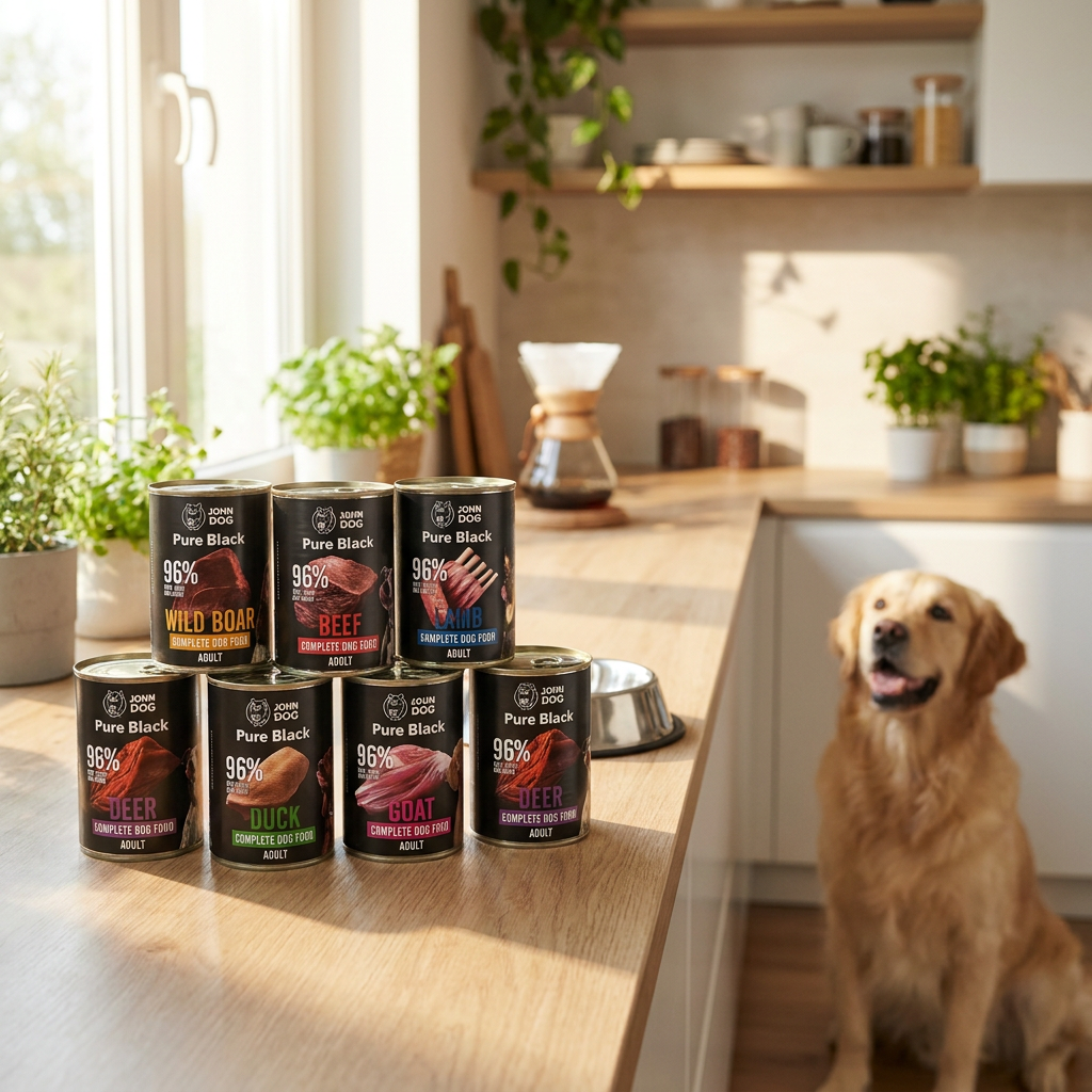 John Dog Pure Black mokra karma dla psa bez zbóż, 96% mięsa – mix 6 smaków, 6 × 400 g