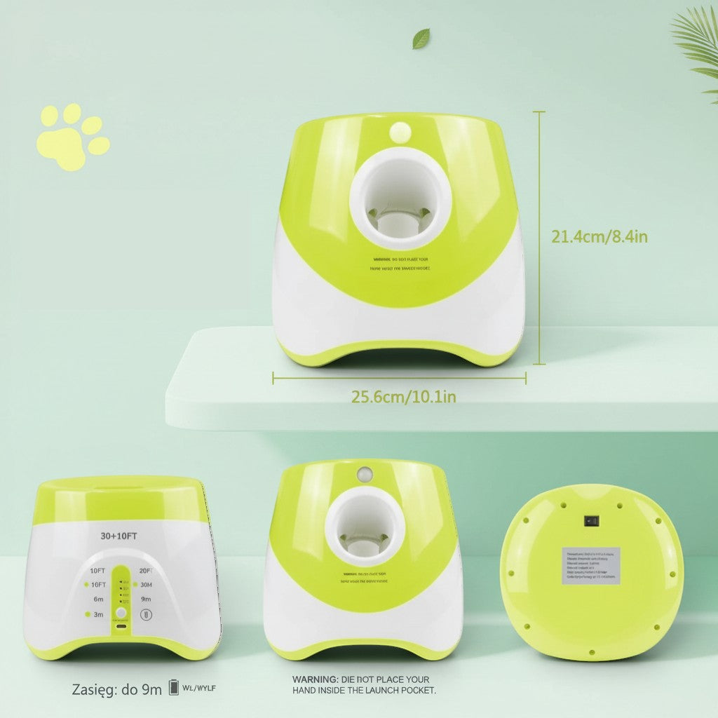 Milleo automatic ball launcher for dogs, green and white plastic, includes three tennis balls, ideal for large breeds.