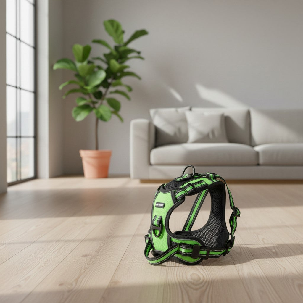 Milleo adjustable green nylon dog harness with reflective stripes and padded chest for comfort and visibility.