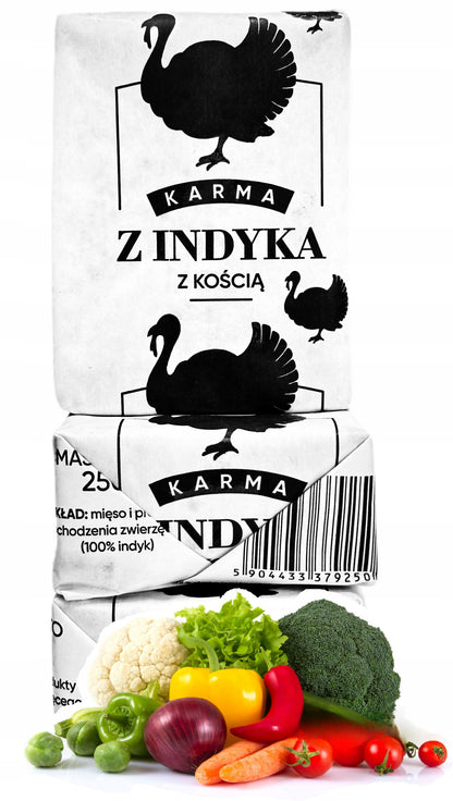 Mrożone mięso z indyka dla psa BARF 10 kg – 40 kostek po 250 g, bezzbożowe, z kością