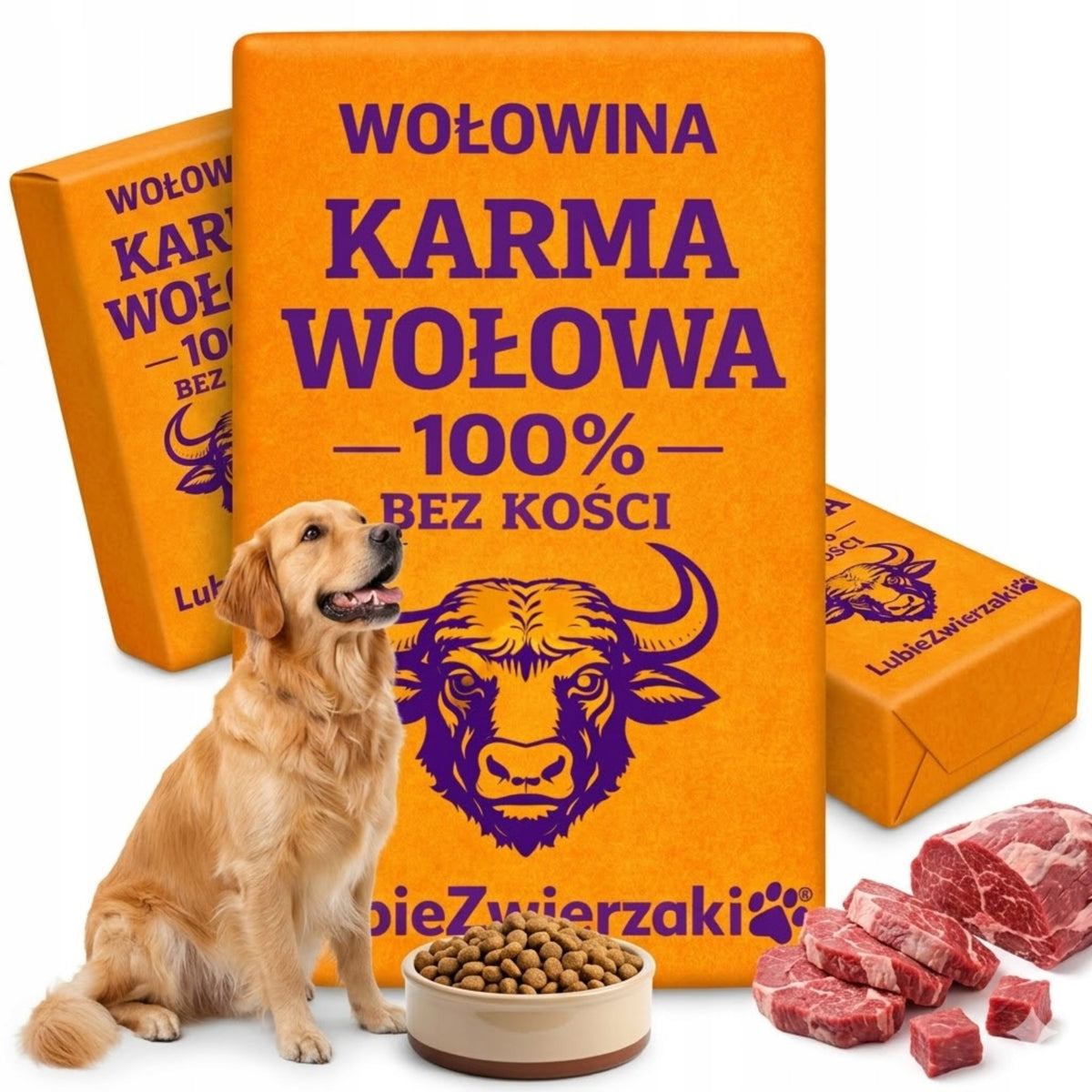 Mrożone mięso wołowe dla psa BARF 10 kg – kostki bez kości, karma bezzbożowa