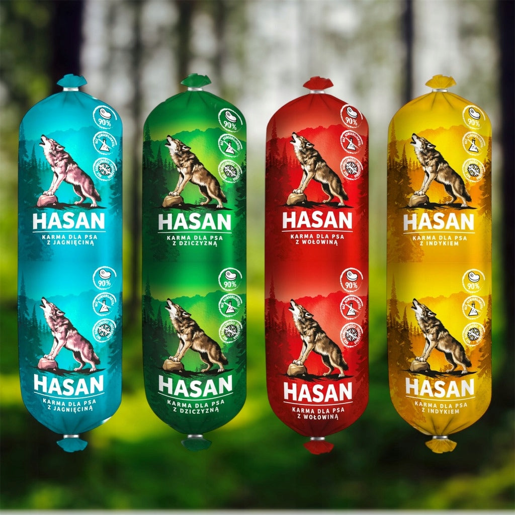 HASAN Karma dla psa w batonie 1 kg, 90% mięsa, dla wszystkich ras – mix smaków
