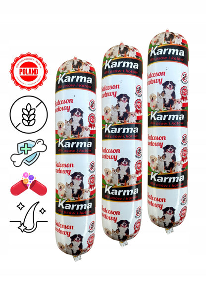 Mokra karma dla psa i kota w batonie 1 kg, 95% mięsa, pełnoporcjowa – salceson wołowy