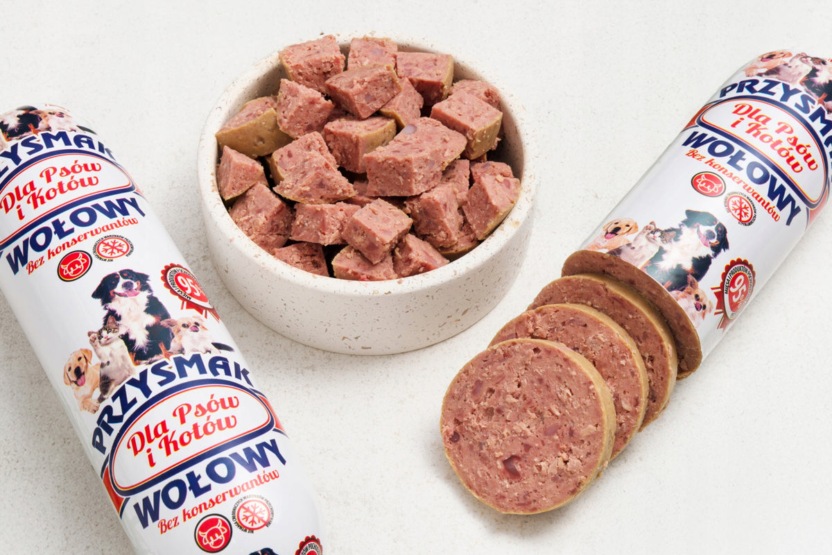 Mokra karma dla psa w batonie 19 x 1 kg – 95% mięsa, wołowina, przysmak i salceson