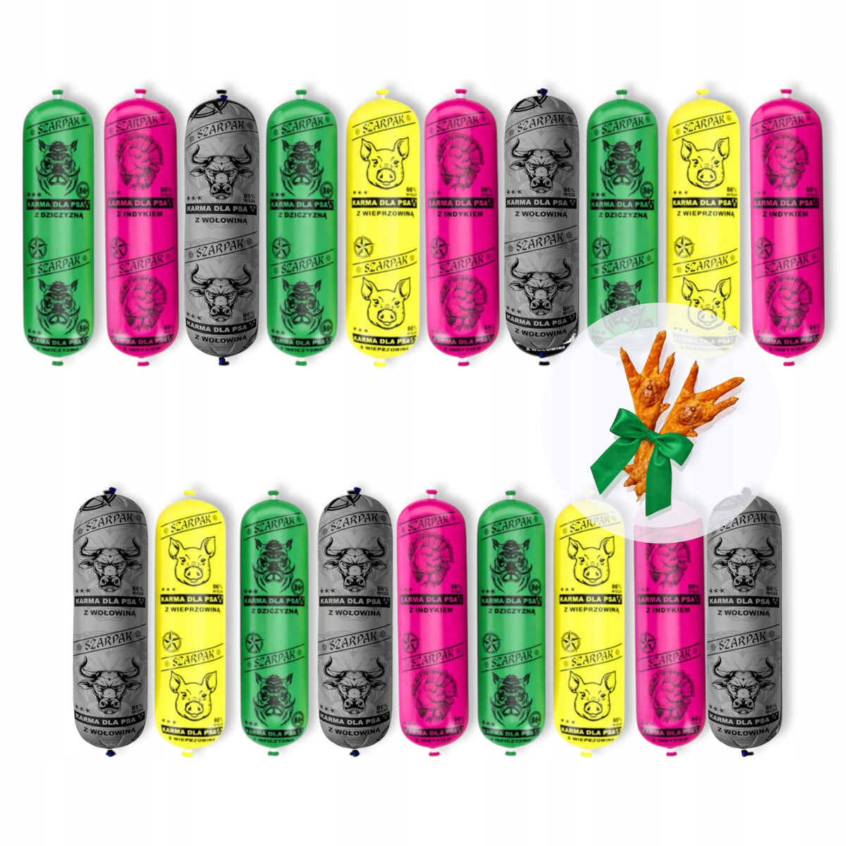 SZARPAK Karma mokra dla psa w batonach 19 x 1 kg – 86% mięsa, pełnoporcjowa, mix smaków