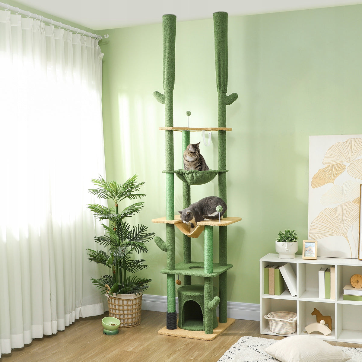 PawHut Drapak dla kota sufitowy 230-275 cm z budką i hamakiem, 5 poziomów – zielony