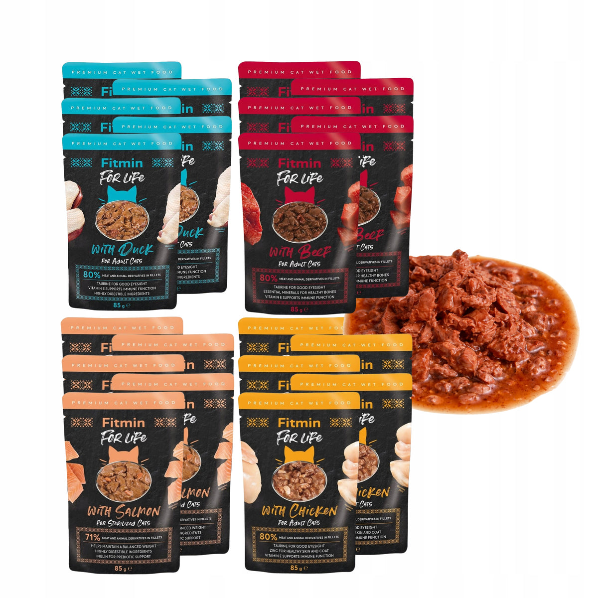 Fitmin Mokra karma dla kota 20 x 85 g – fileciki w sosie, dla dorosłych kotów, mix smaków