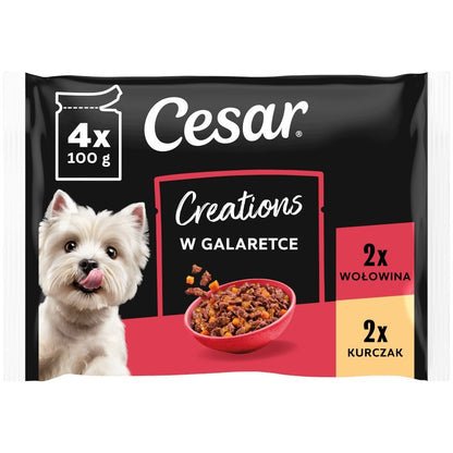 CESAR Creations mokra karma dla psa w galaretce 4 x 100 g – kurczak i wołowina