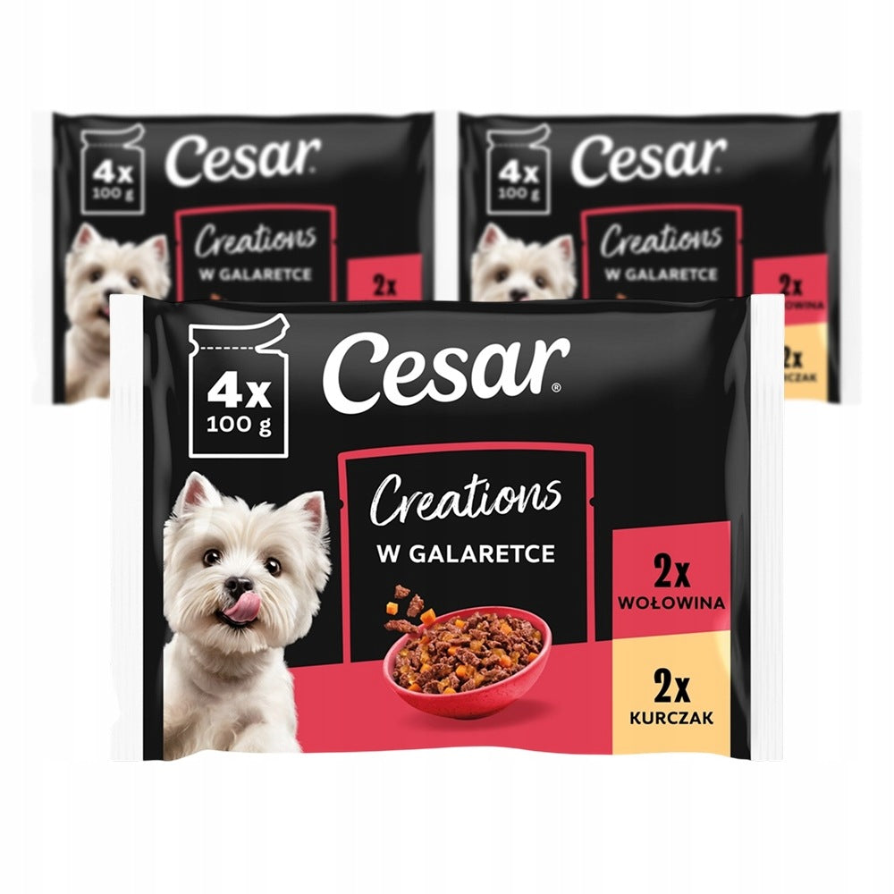 CESAR Creations mokra karma dla psa w galaretce 4 x 100 g – kurczak i wołowina