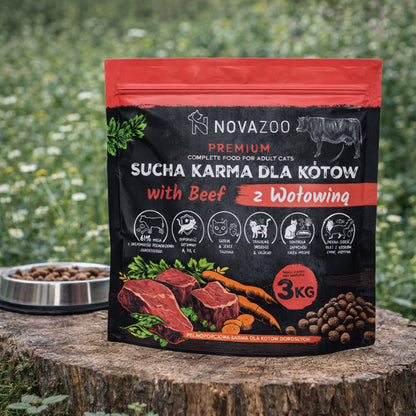 Novazoo Premium sucha karma dla kota 3 kg z wołowiną – 61% mięsa, dla dorosłych kotów
