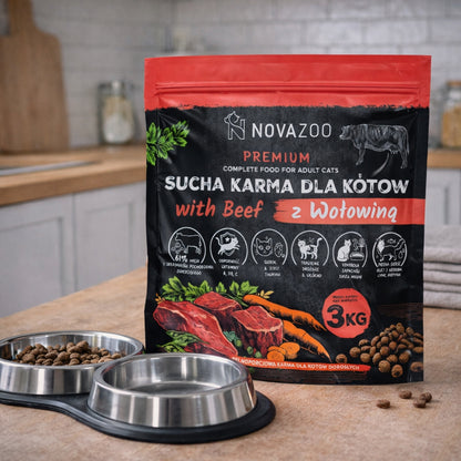 Novazoo Premium sucha karma dla kota 3 kg z wołowiną – 61% mięsa, dla dorosłych kotów