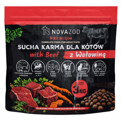 Novazoo Premium sucha karma dla kota 3 kg z wołowiną – 61% mięsa, dla dorosłych kotów