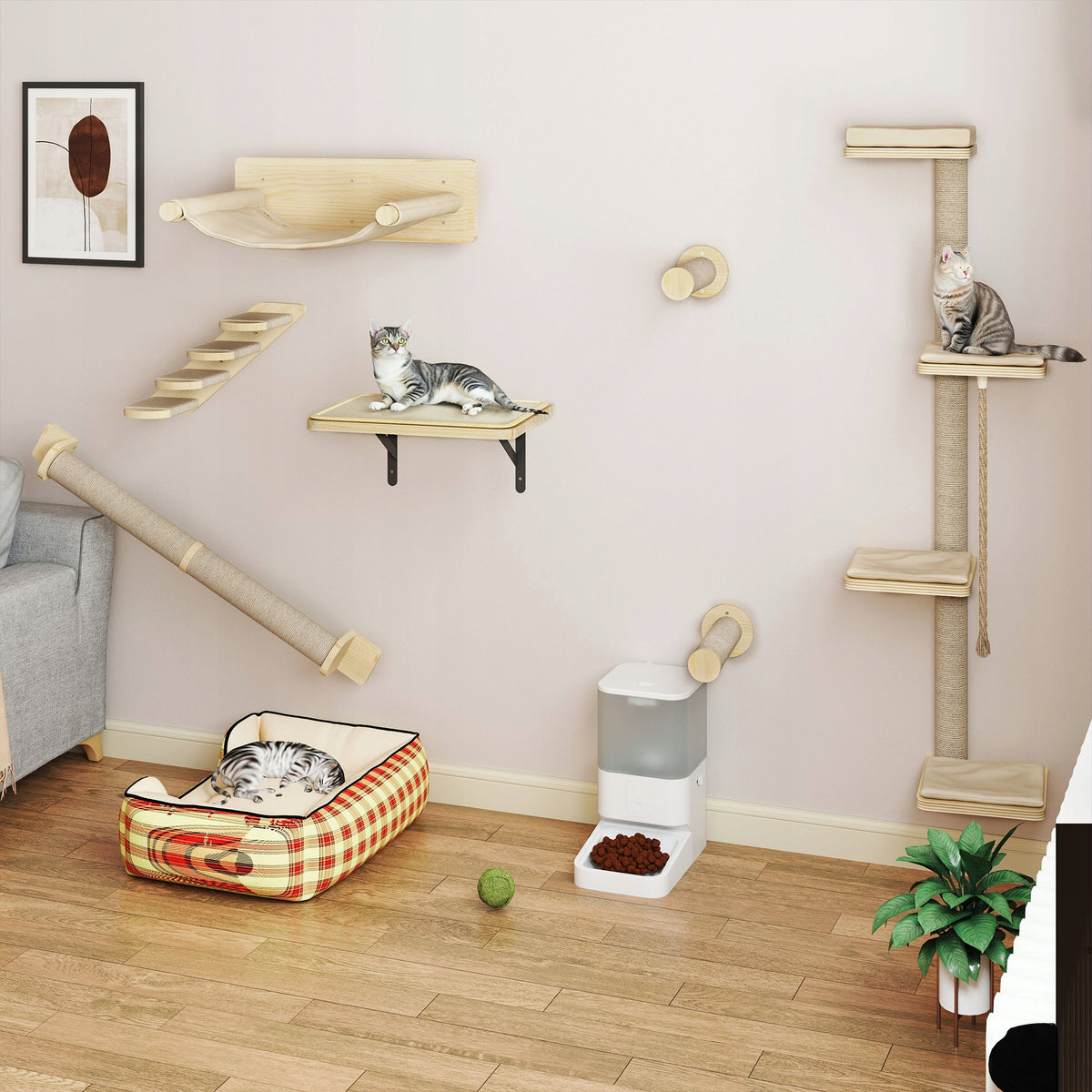 Balconera Ścienny drapak dla kota 7 elementów z hamakiem i sizalem – beżowy