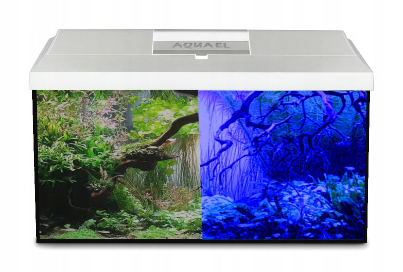 Akwarium 54 l 60x30x30 cm z pokrywą LED dzień/noc – zestaw z matą i tłem, białe
