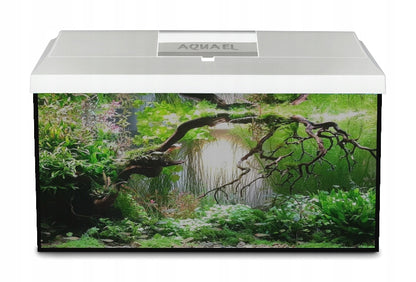 Akwarium 54 l 60x30x30 cm z pokrywą LED dzień/noc – zestaw z matą i tłem, białe