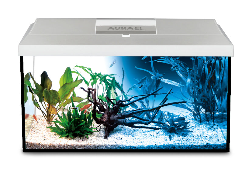 Akwarium 54 l 60x30x30 cm z pokrywą LED dzień/noc – zestaw z matą i tłem, białe