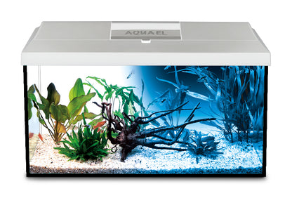 Akwarium 54 l 60x30x30 cm z pokrywą LED dzień/noc – zestaw z matą i tłem, białe