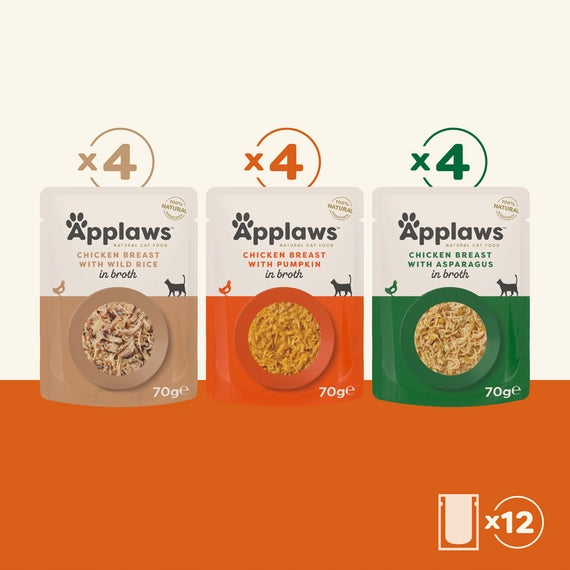 Applaws Mokra karma dla kota w bulionie 12x70 g – bezzbożowa, mix smaków z kurczakiem