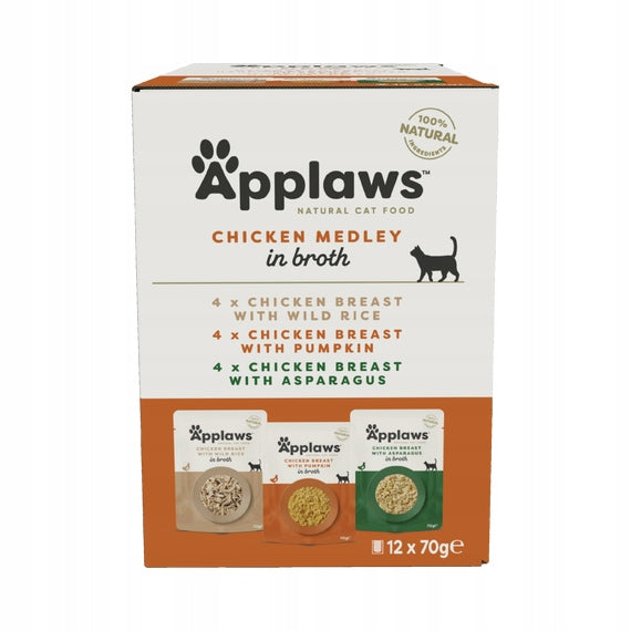 Applaws Mokra karma dla kota w bulionie 12x70 g – bezzbożowa, mix smaków z kurczakiem