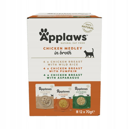 Applaws Mokra karma dla kota w bulionie 12x70 g – bezzbożowa, mix smaków z kurczakiem