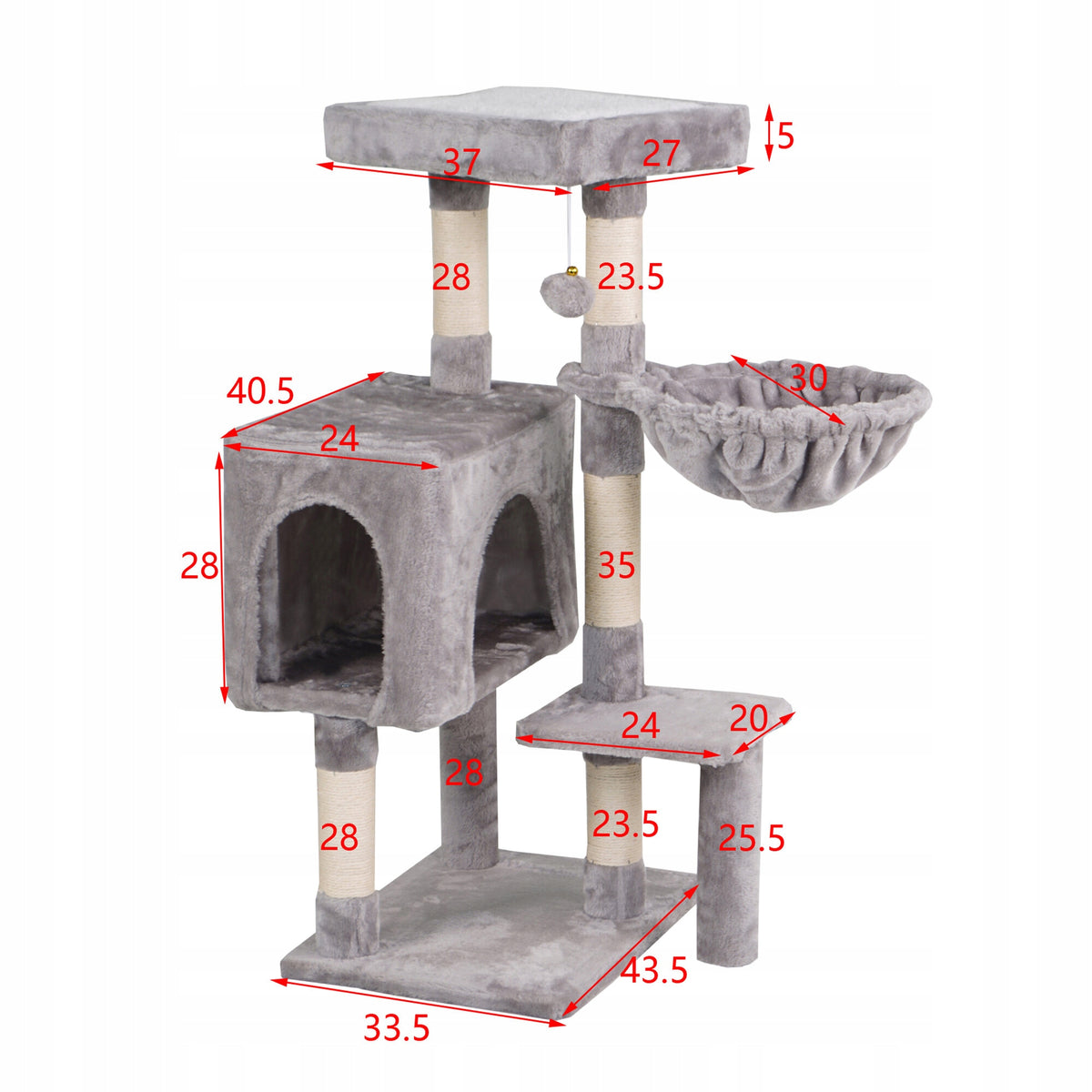 Aga Drapak dla kota 90 cm z domkiem i 3 legowiskami, 3 poziomy, welur – szary