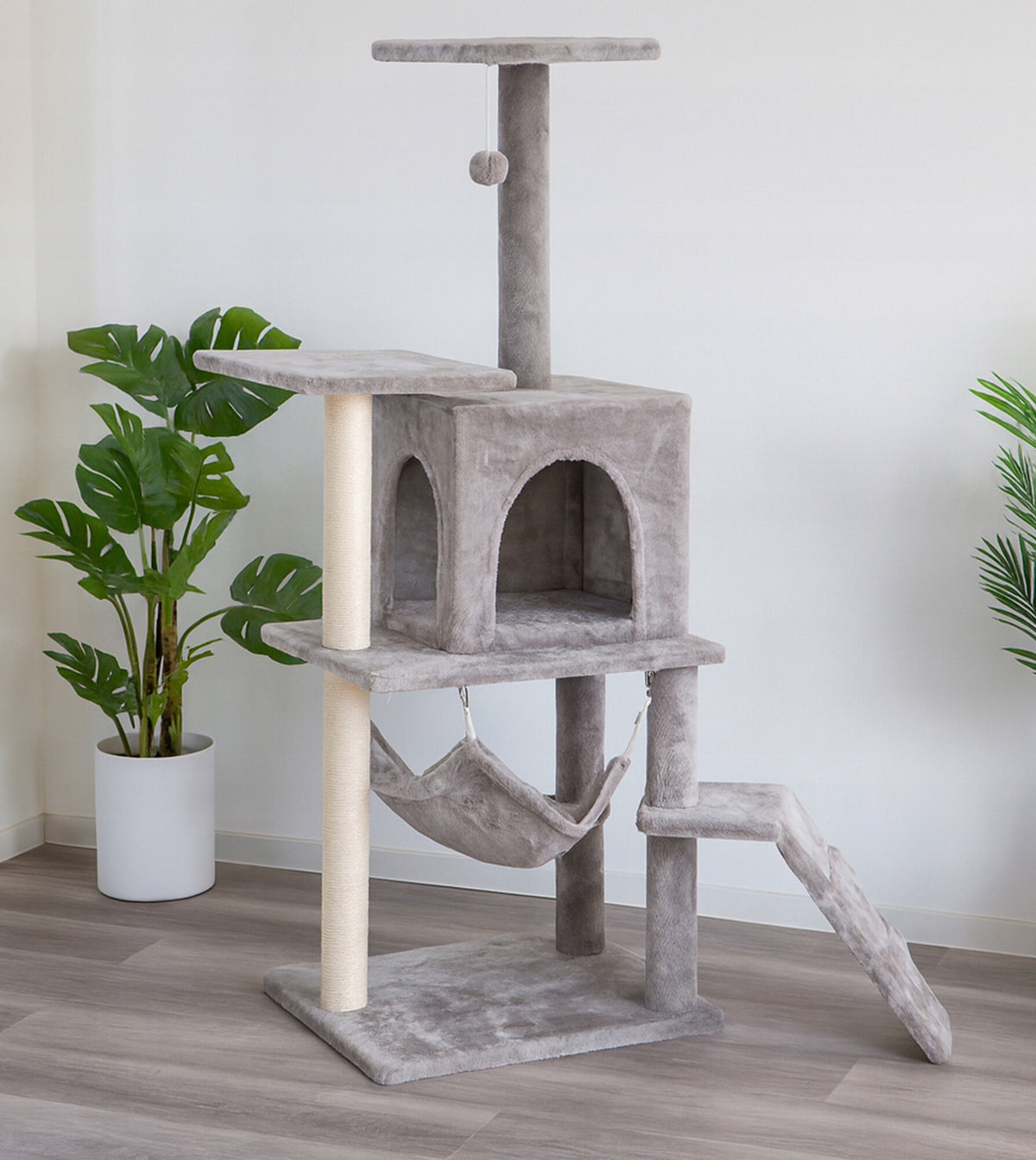 Aga Drapak dla kota 136 cm z domkiem, legowiskami i sizalem – 3 poziomy, szary