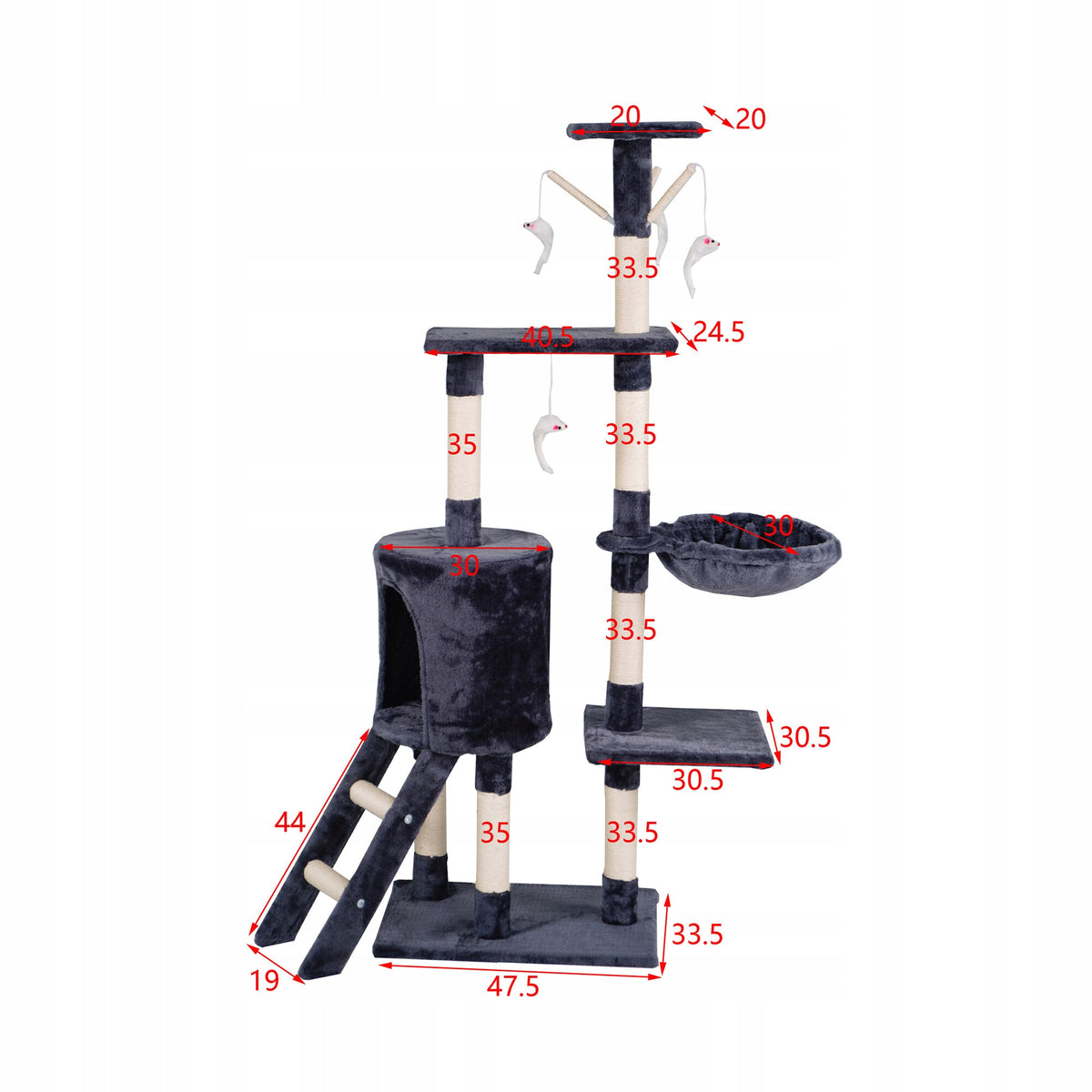 Aga Drapak dla kota 136 cm z domkiem, 4 legowiskami i sizalem – ciemnoszary