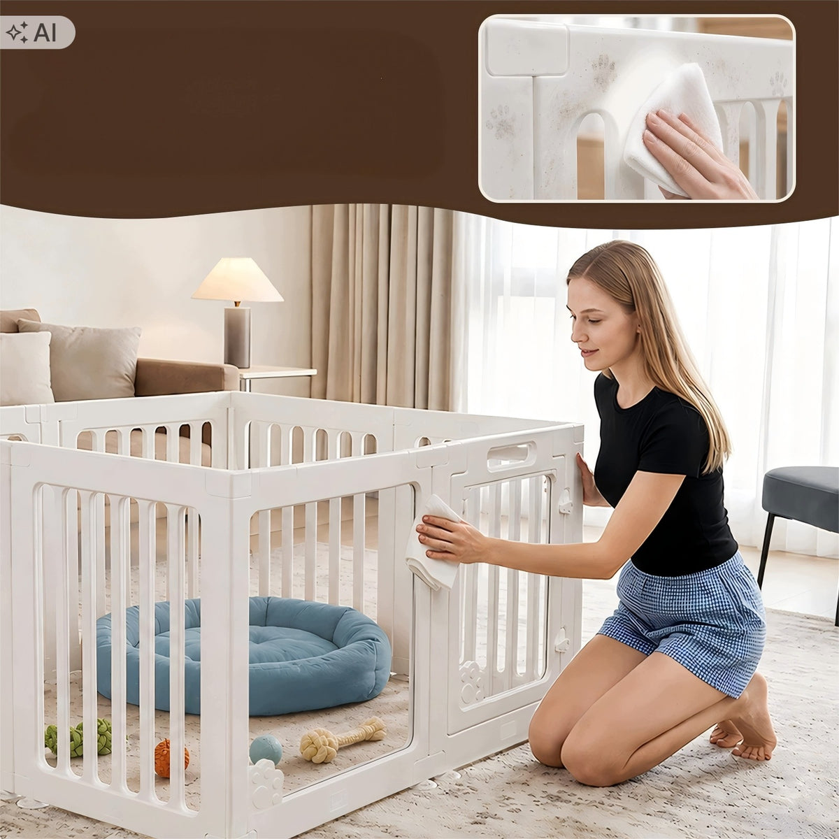 Kojec dla psa i szczeniąt 100x100x60 cm z akrylu, 8 paneli z drzwiami – przezroczysty