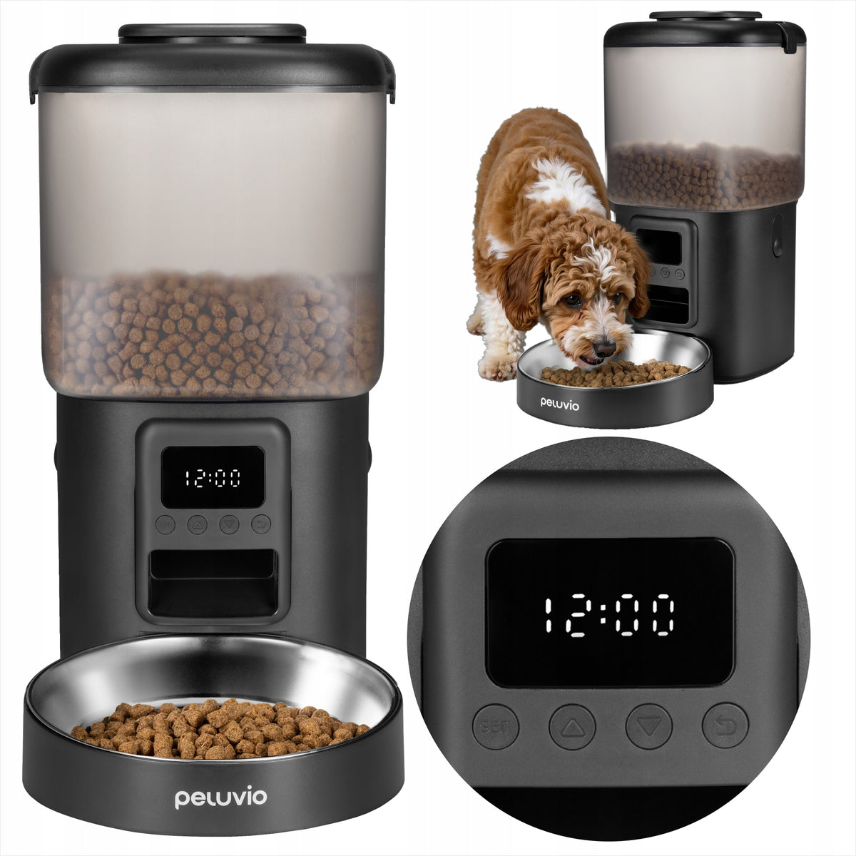 Peluvio Crispy automatyczny podajnik karmy suchej dla psa 4,5 l z miską ze stali i LCD